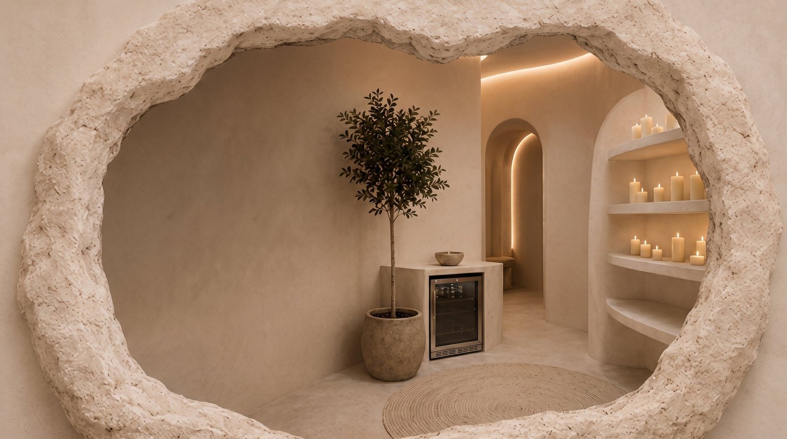 Warm plaster spa interior seen through a sculpted stone opening