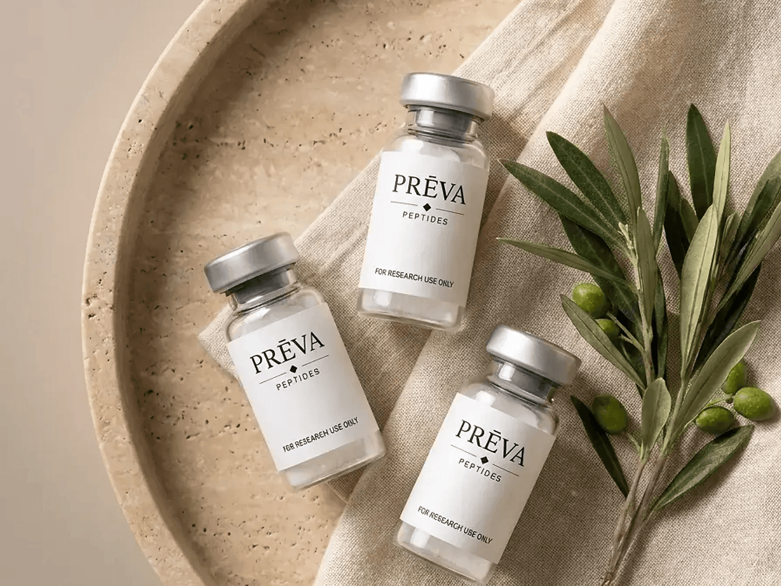 PRĒVA research peptide vials on a tray